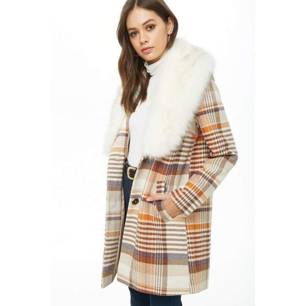 Forever 21 Faux Fur-Trim Plaid Coat -Sz Large